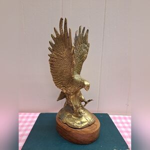 Vintage 9.5 Inch Majestic Brass Eagle Sculpture On Wood Base